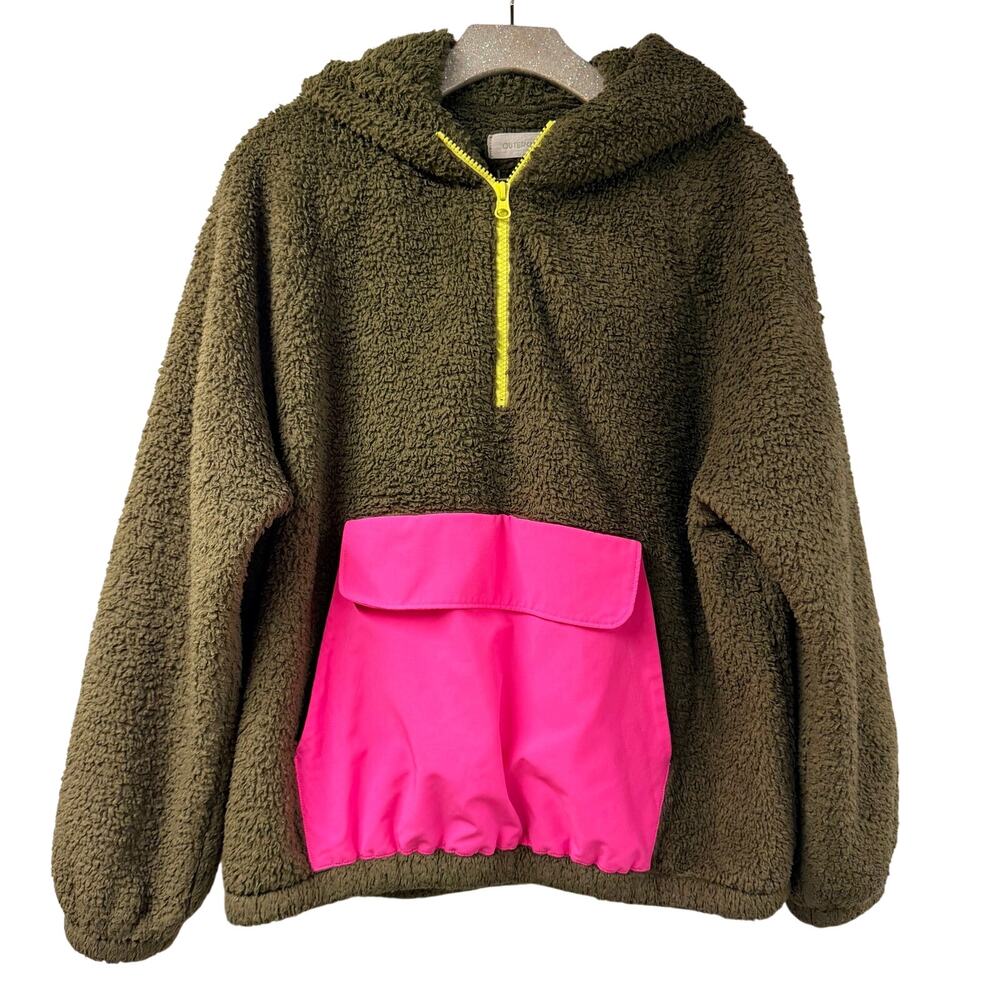 Outerknown Active Fleece Sherpa Pullover Sweater Jacket Medium Green Hot Pink